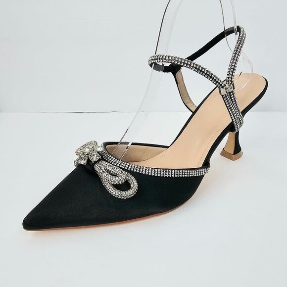 None Shoes - Black Rhinestone Bow Pointed Toe Strappy Special Occasion Heels Women's Size 10